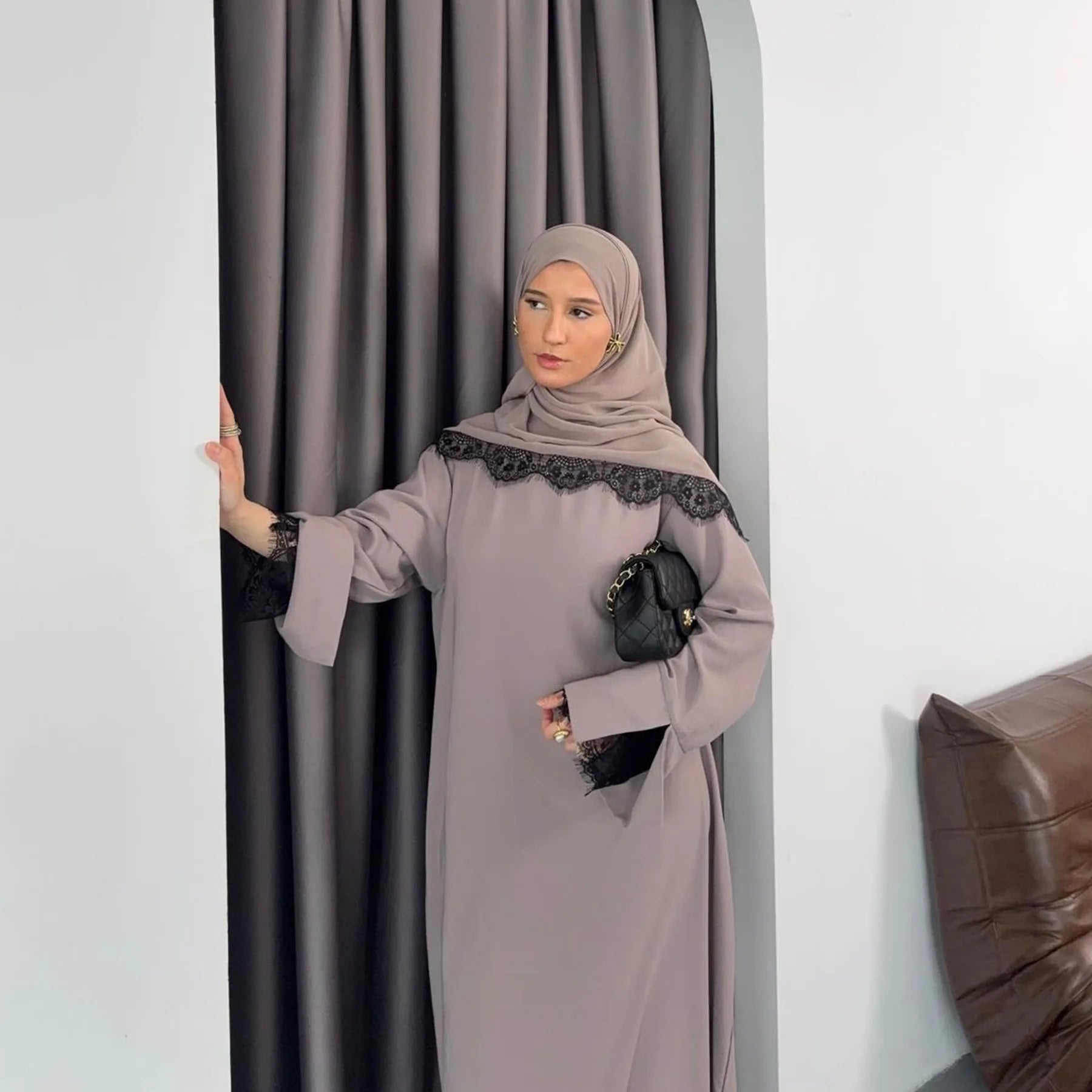 Dress Suit Women Hijab Dresses 2 Piece Set Jalabiya Muslim Lace Abaya