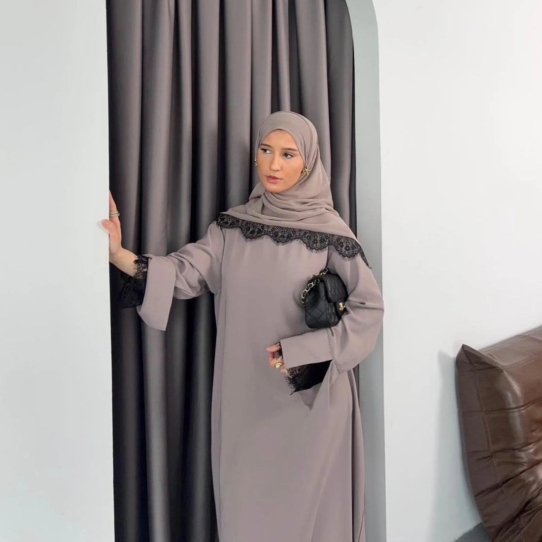 Dress Suit Women Hijab Dresses 2 Piece Set Jalabiya Muslim Lace Abaya