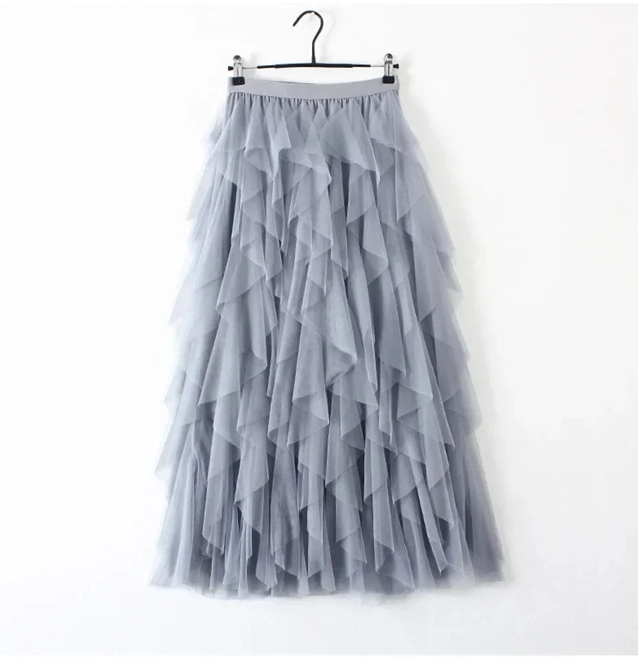 Womens Elastic High Waist Tulle Mesh Irregular Tutu Skirt