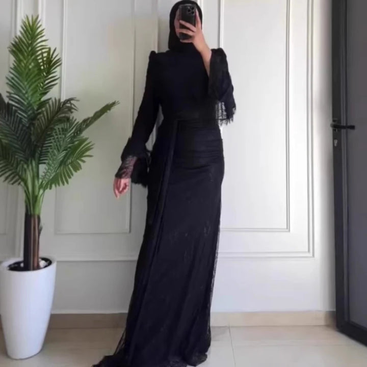 Eid Dress Muslim Women Abaya Kaftan Vestidos Flare Sleeve Lace Party Dresses