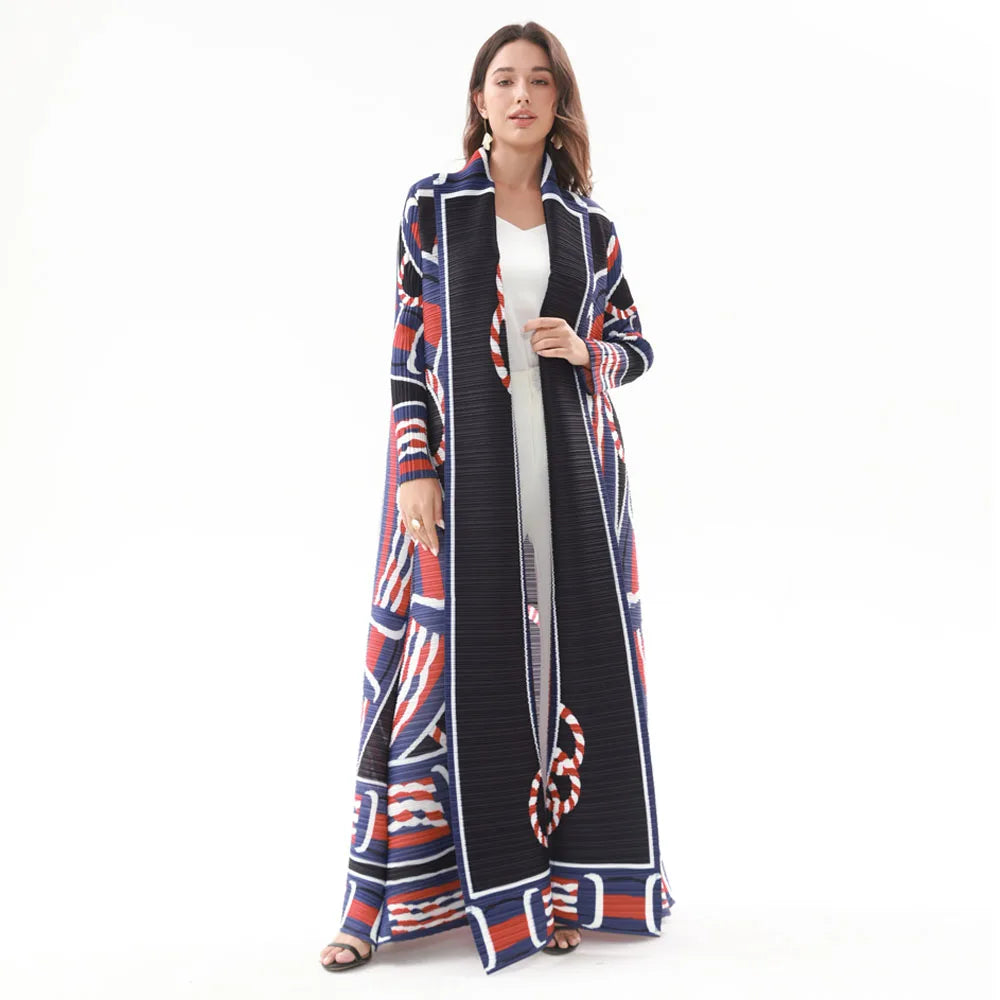 Miyake Pleated Abaya Coat – Vintage Print Designer Jacket