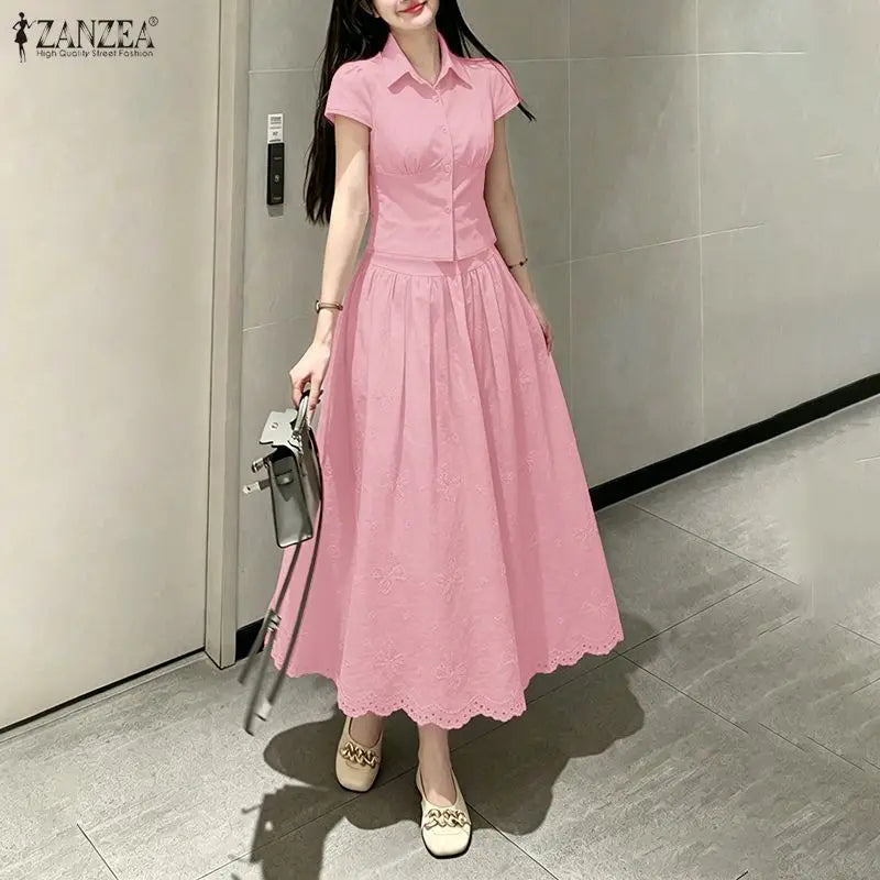 Women's Elegant Chic Skirt Sets Short Sleeve Short Shirt & Embroidered Maxi