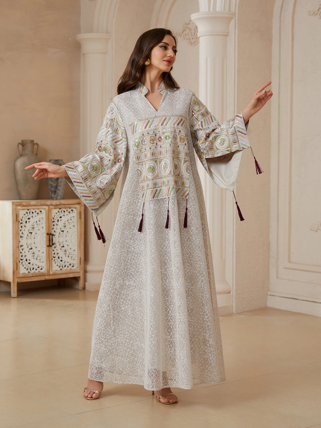 Mesh Sequin Embroidery Caftan – Stand Collar Elegant Dress