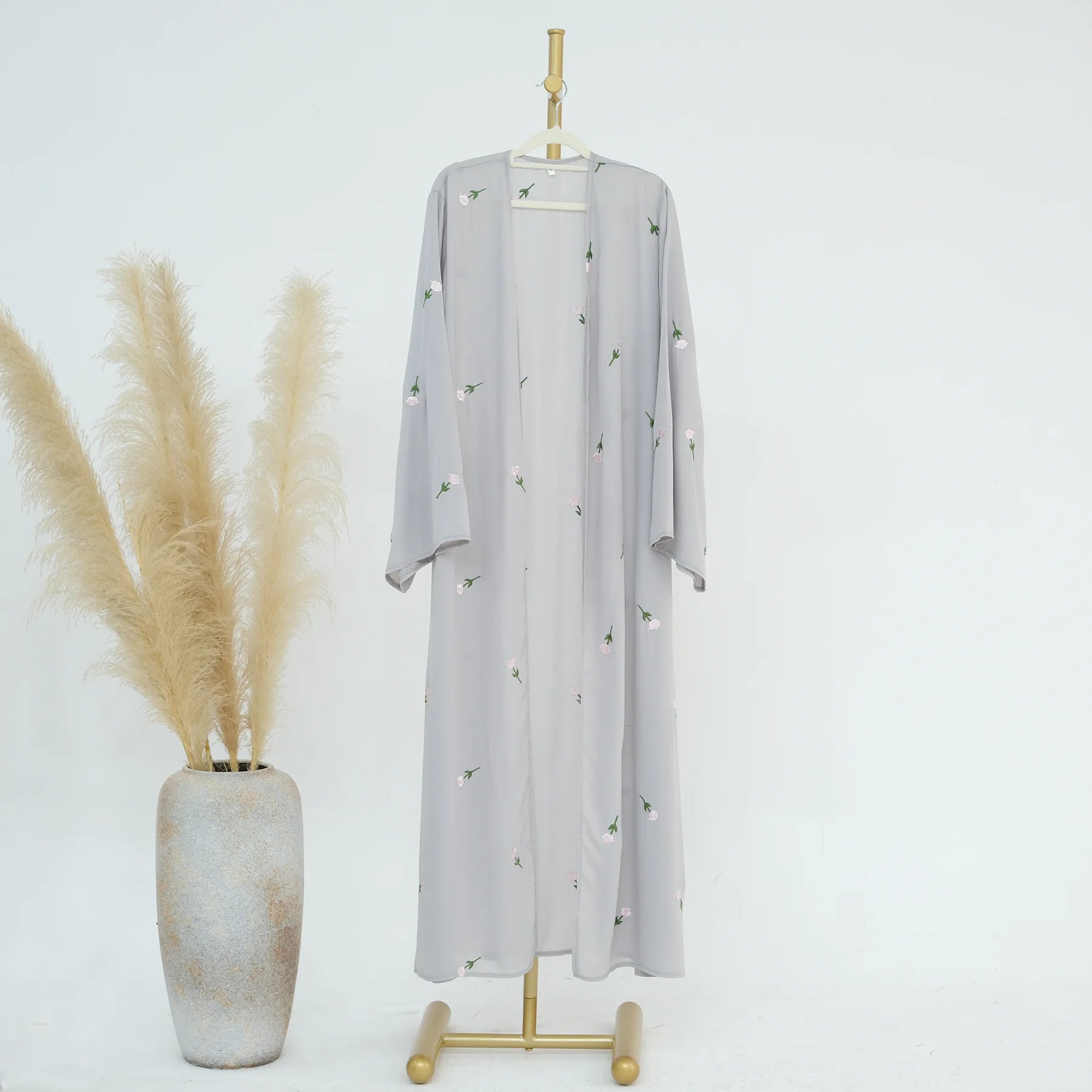 Turkish Beading Floral Open Abaya – Lace-Up Maxi Kaftan Robe