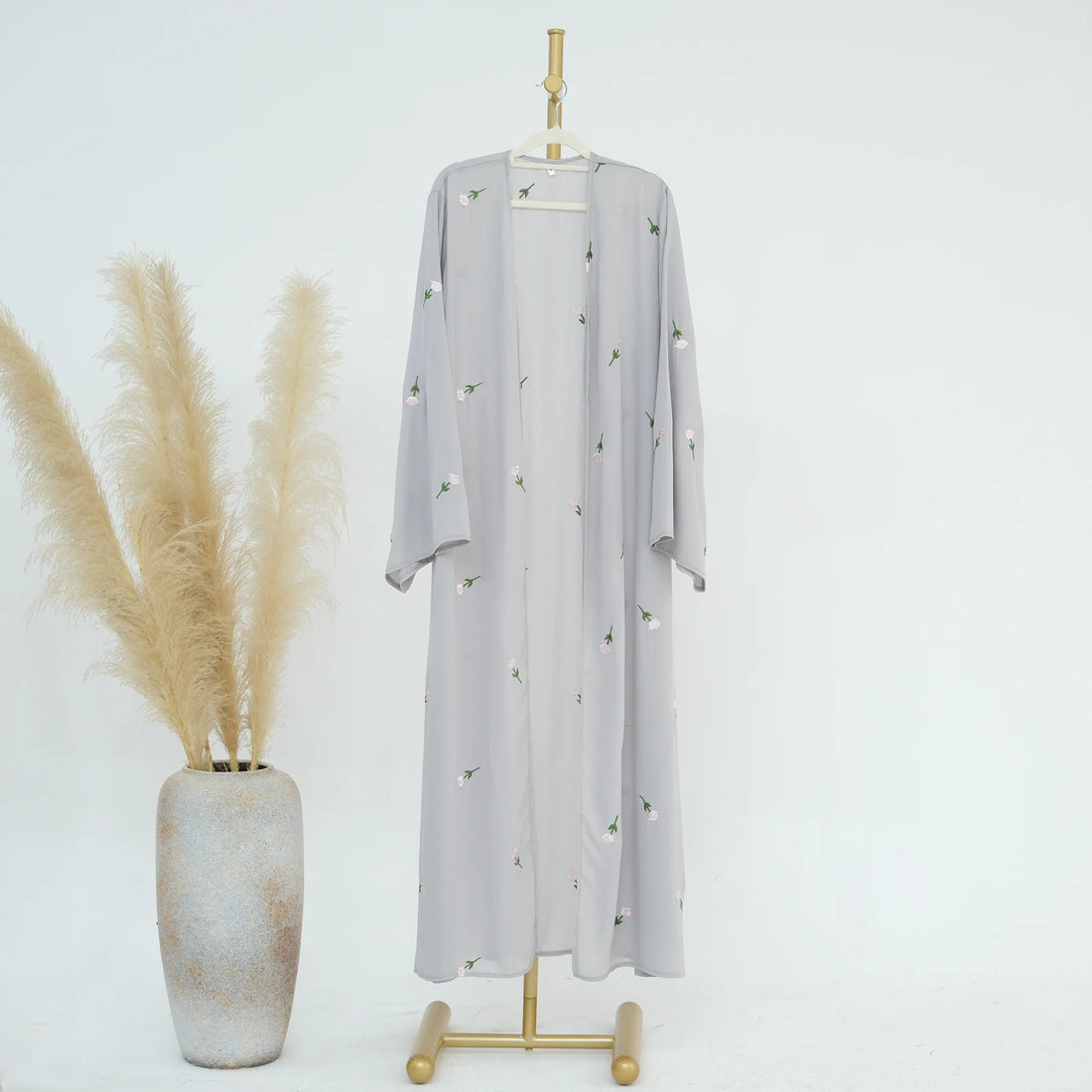 Turkish Beading Floral Open Abaya – Lace-Up Maxi Kaftan Robe