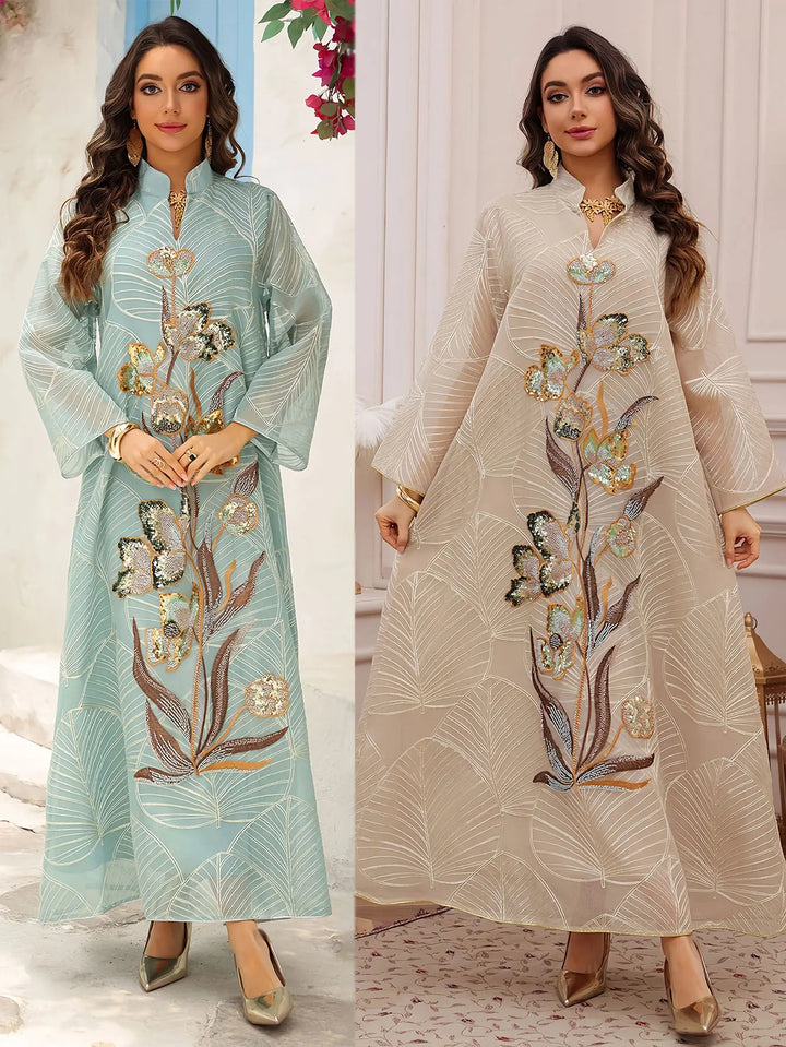 Light Blue Sequin Floral Abaya – Embroidered Evening Dress