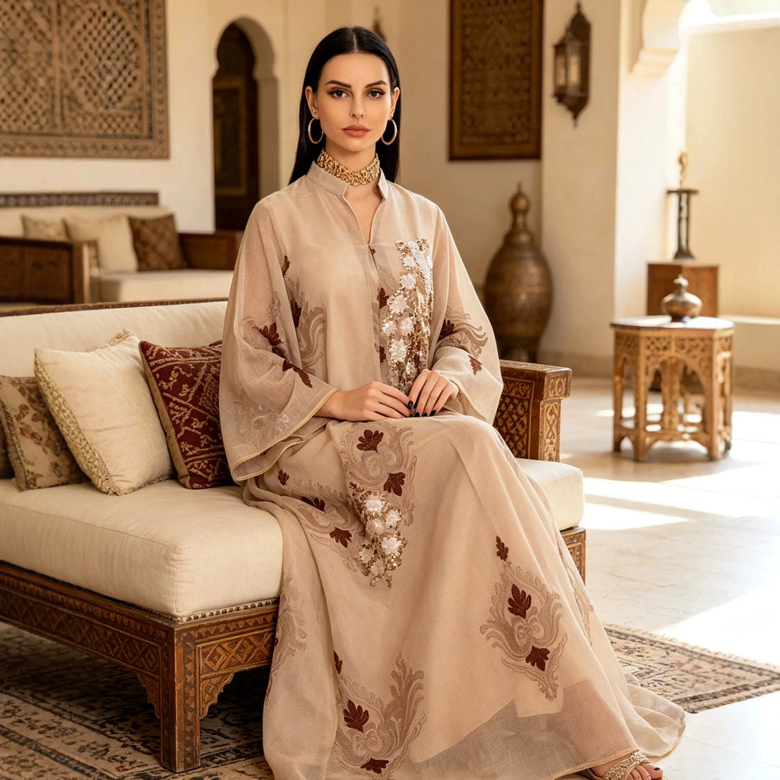 Sequin Leaf Embroidery Long Robe – Elegant Islamic Dress