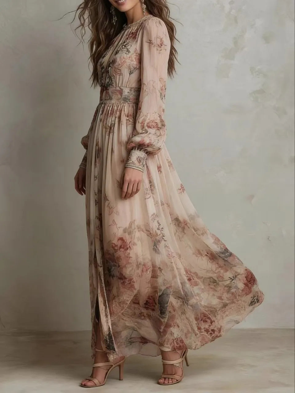 Vintage Floral Print High Waist Pleated Long Dress