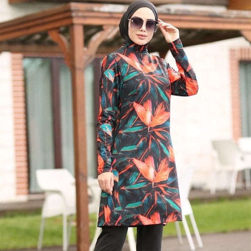 Muslim Swimwear Women Printed Stretch Full Cover Lslamic Clothes