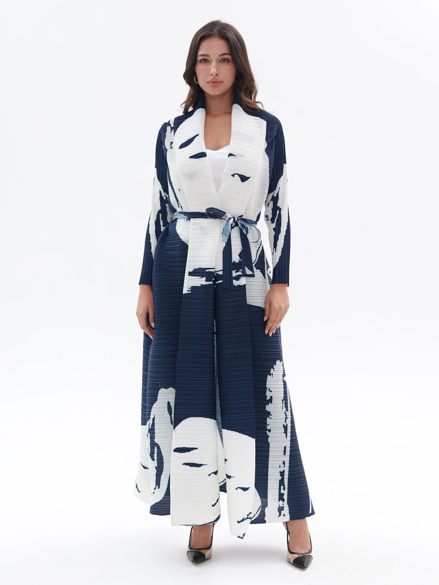 Miyake Pleated Abaya Coat – Vintage Print Designer Jacket