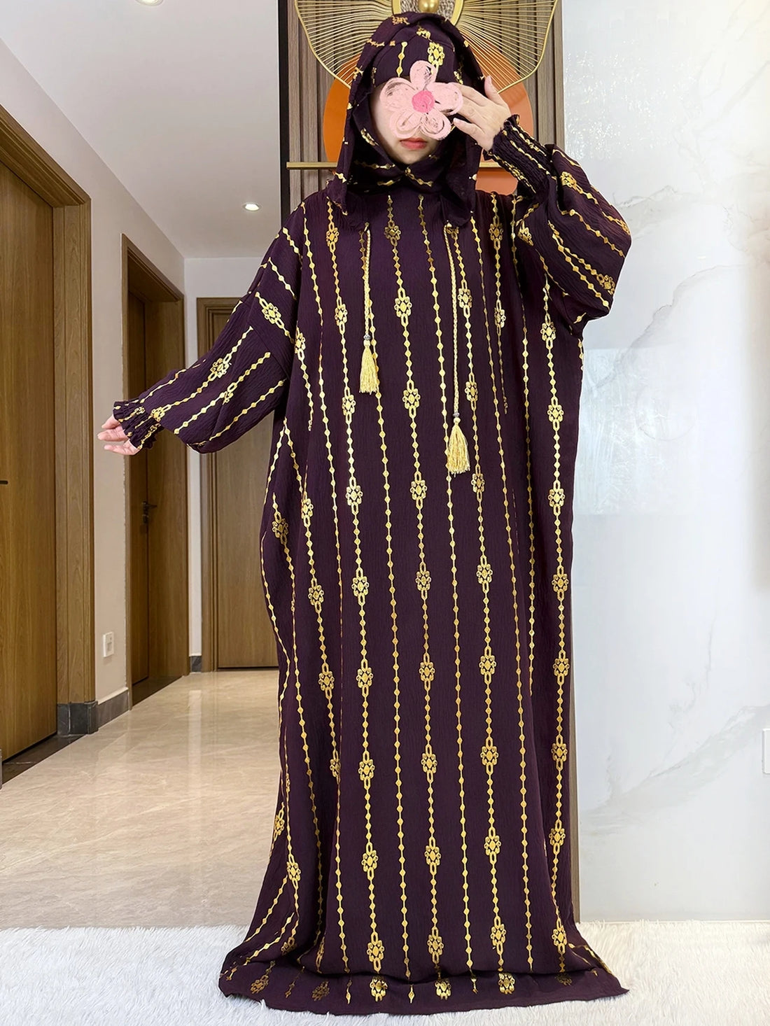 Gold Stamp Pure Cotton Ramadan Muslim Two-Hat Abaya