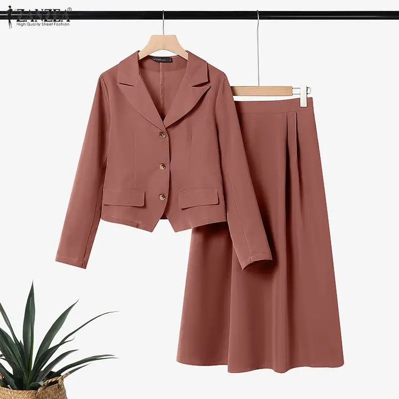 Elegant Women 2-Piece Skirt Suits Peak Lapel Long Sleeve Outfits