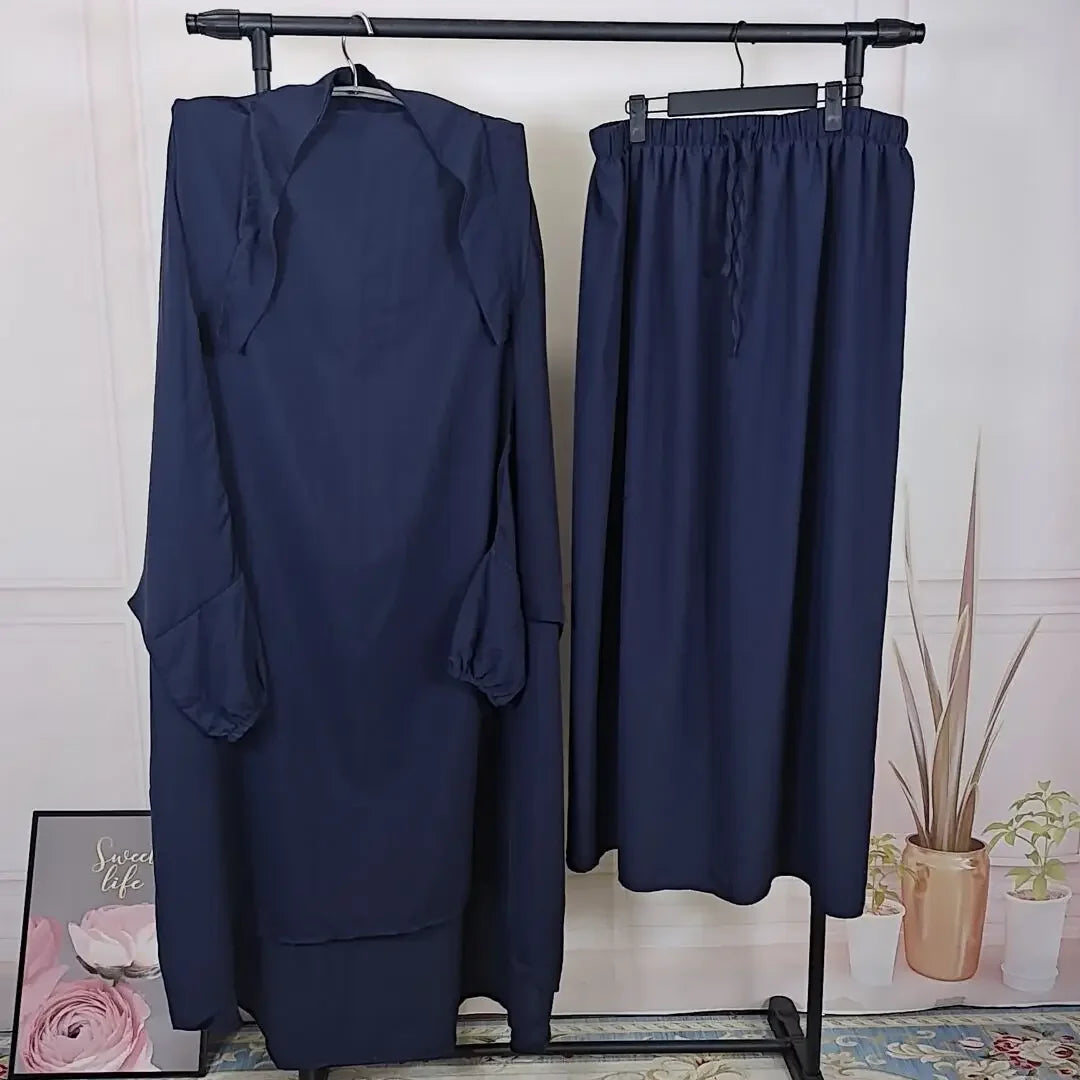 Ramadan 2 Piece Long Khimar with Skirt Set Abaya Muslim Women