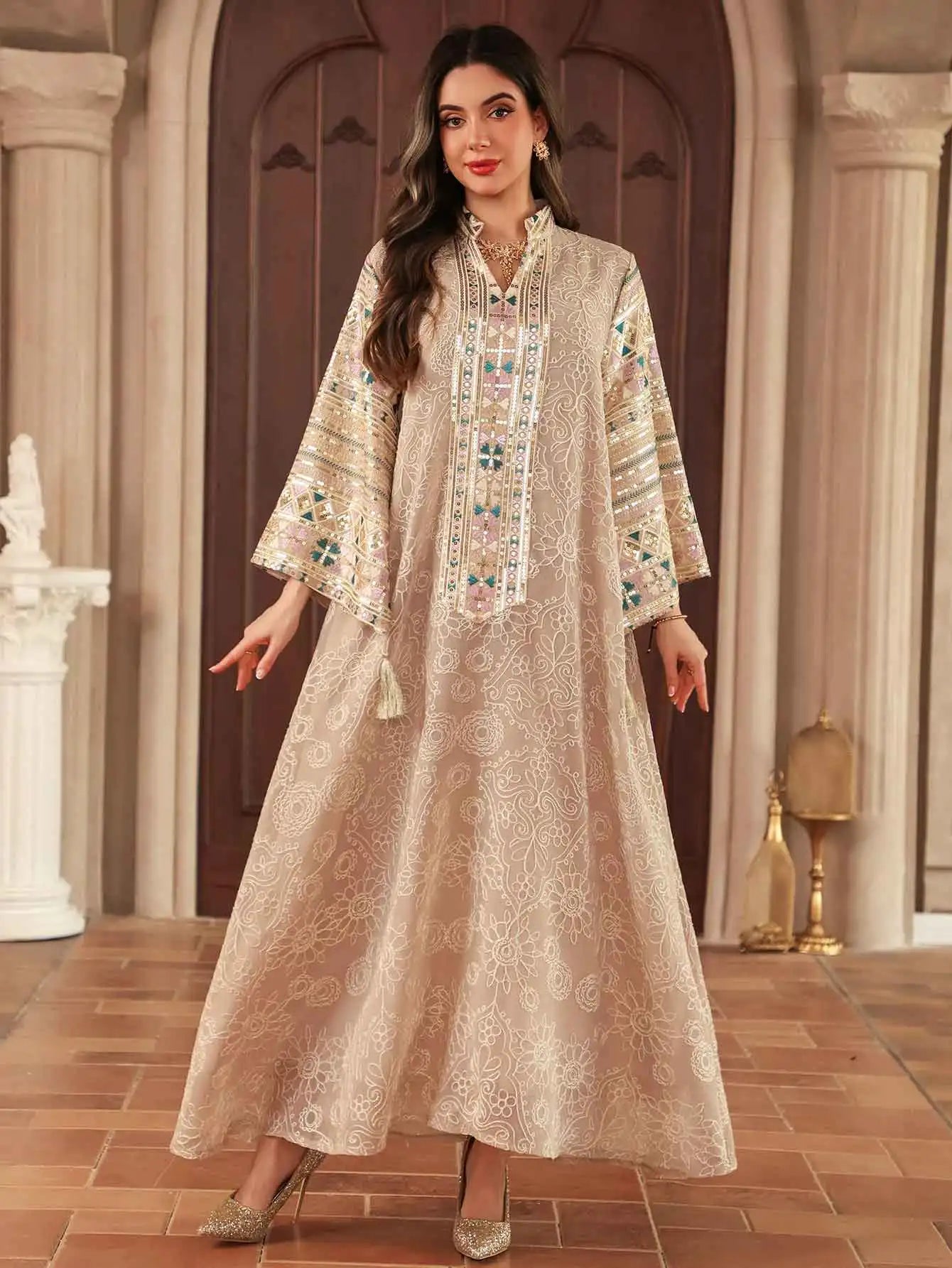 Multicolor Embroidered Sequin Abaya – Beige Eid Dress