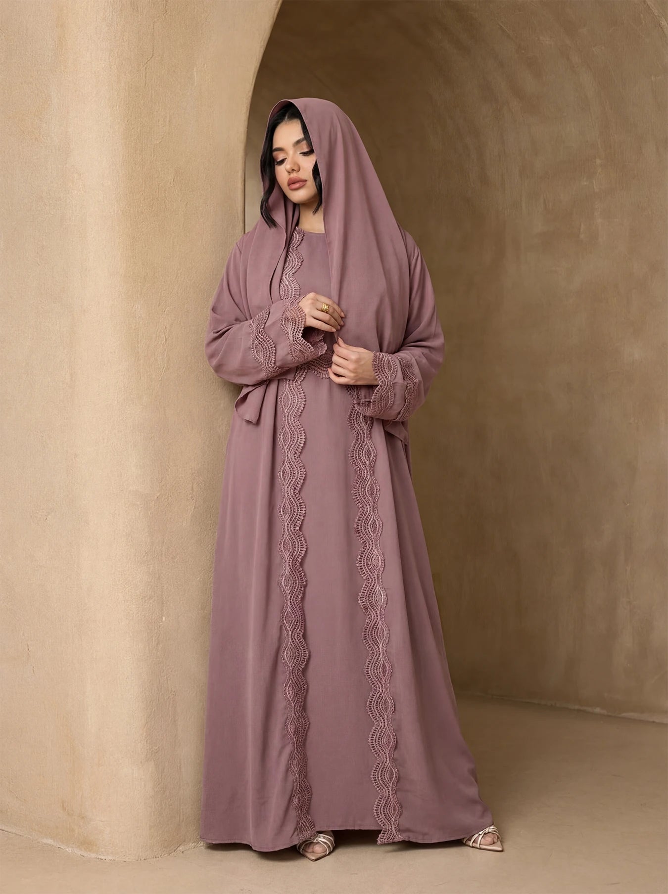 3-Piece Lace Trim Open Abaya Set – Modest Dress with Hijab & Belt