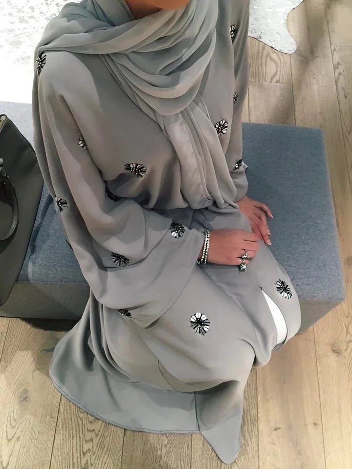 Turkish Beading Floral Open Abaya – Lace-Up Maxi Kaftan Robe