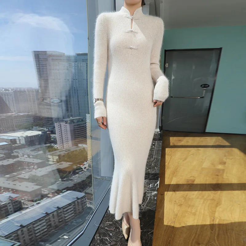 100% Mink Cashmere Knitted Thick Sweater Dress
