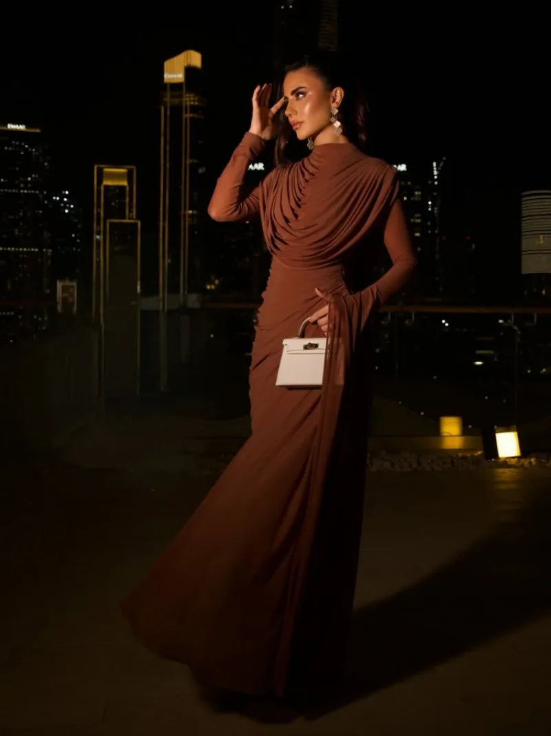 Solid Draped Neckline Long Dress