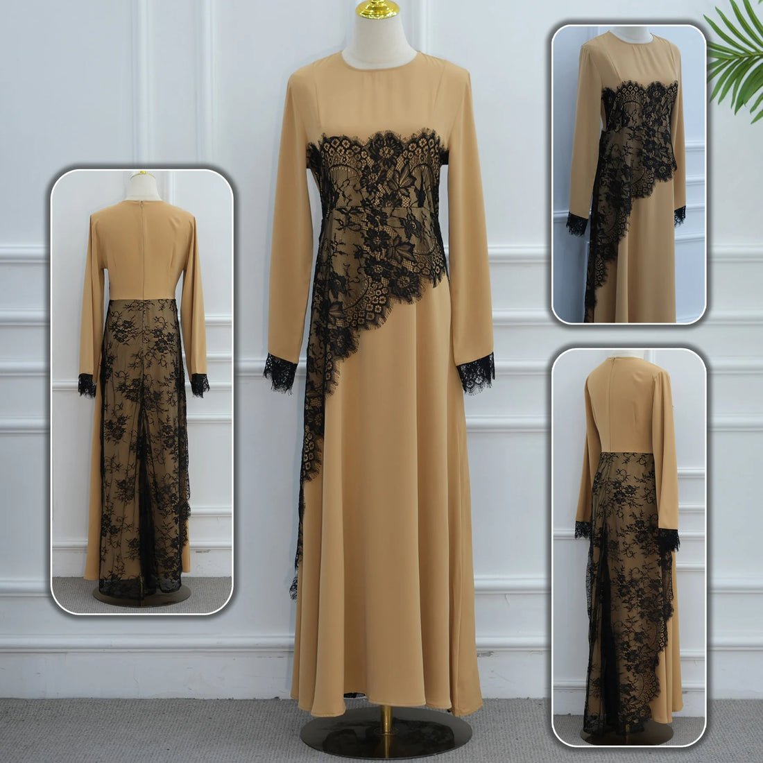 Summer Black Lace Overlay Feminine Modest Slim-Fit Muslimah Dress