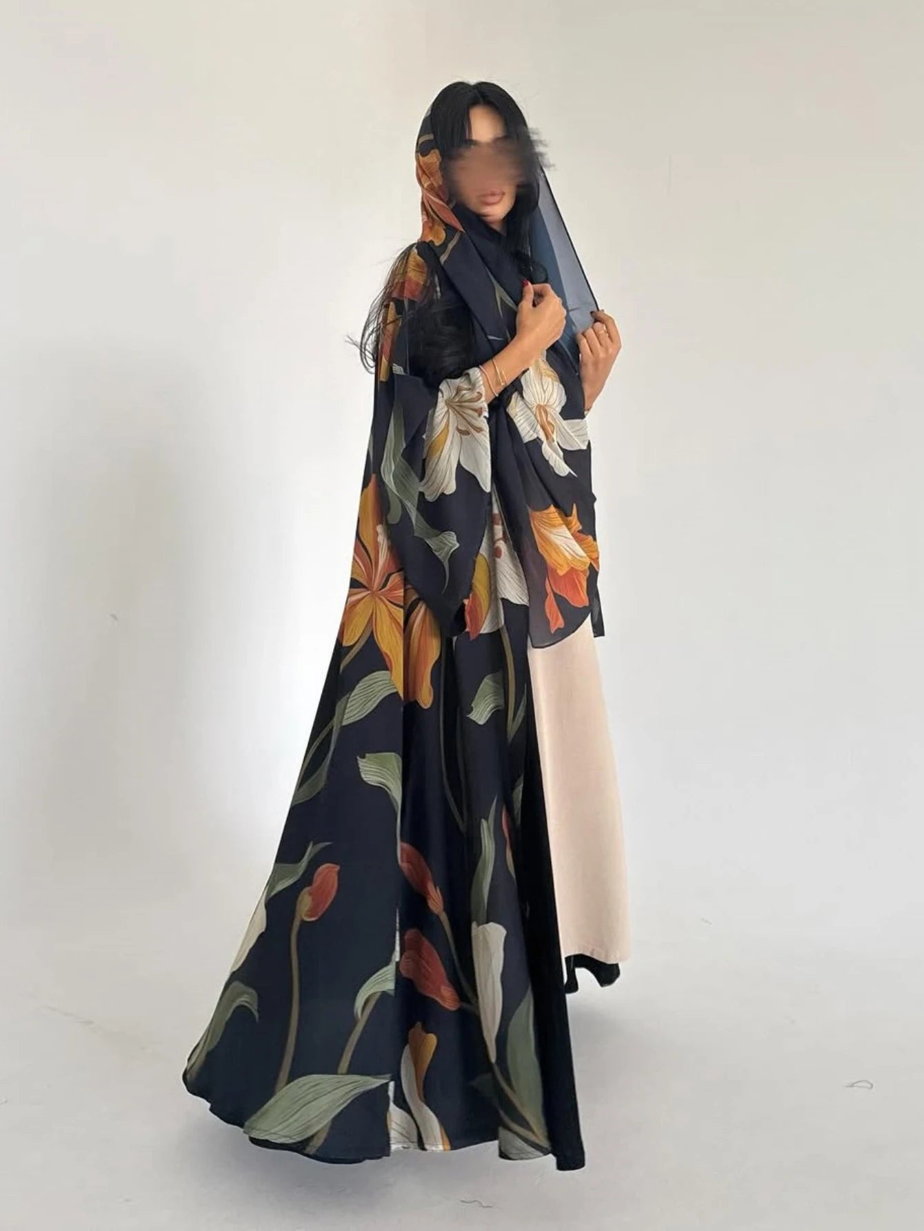 Scarf Print Abaya Cardigan – Long Moroccan Party Robe