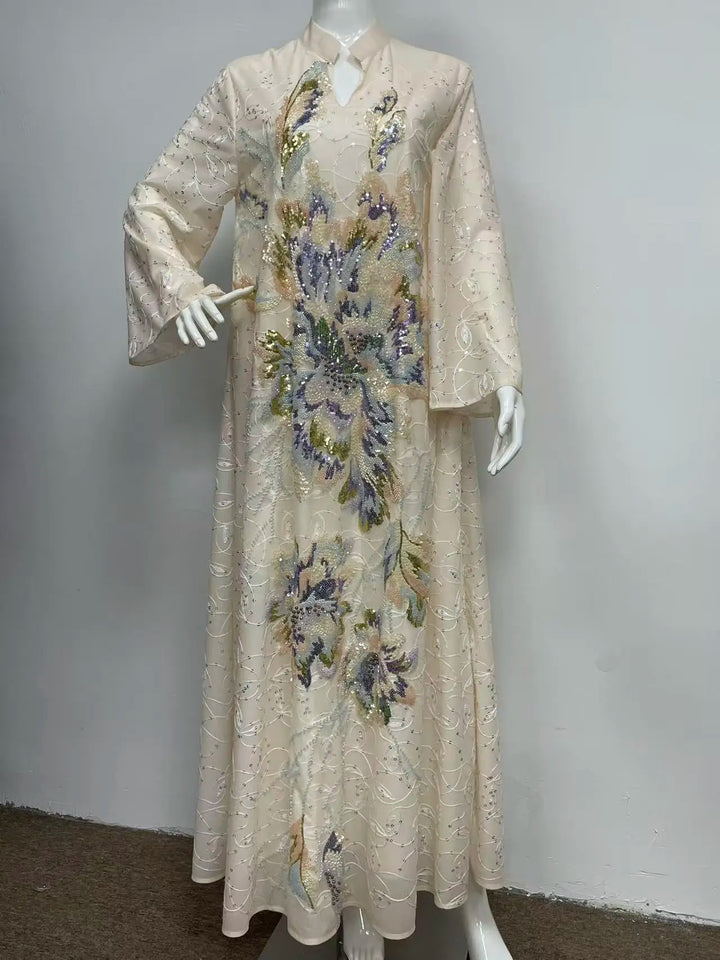 Bead Embroidered V-Neck Arabic Dress – Elegant Kaftan
