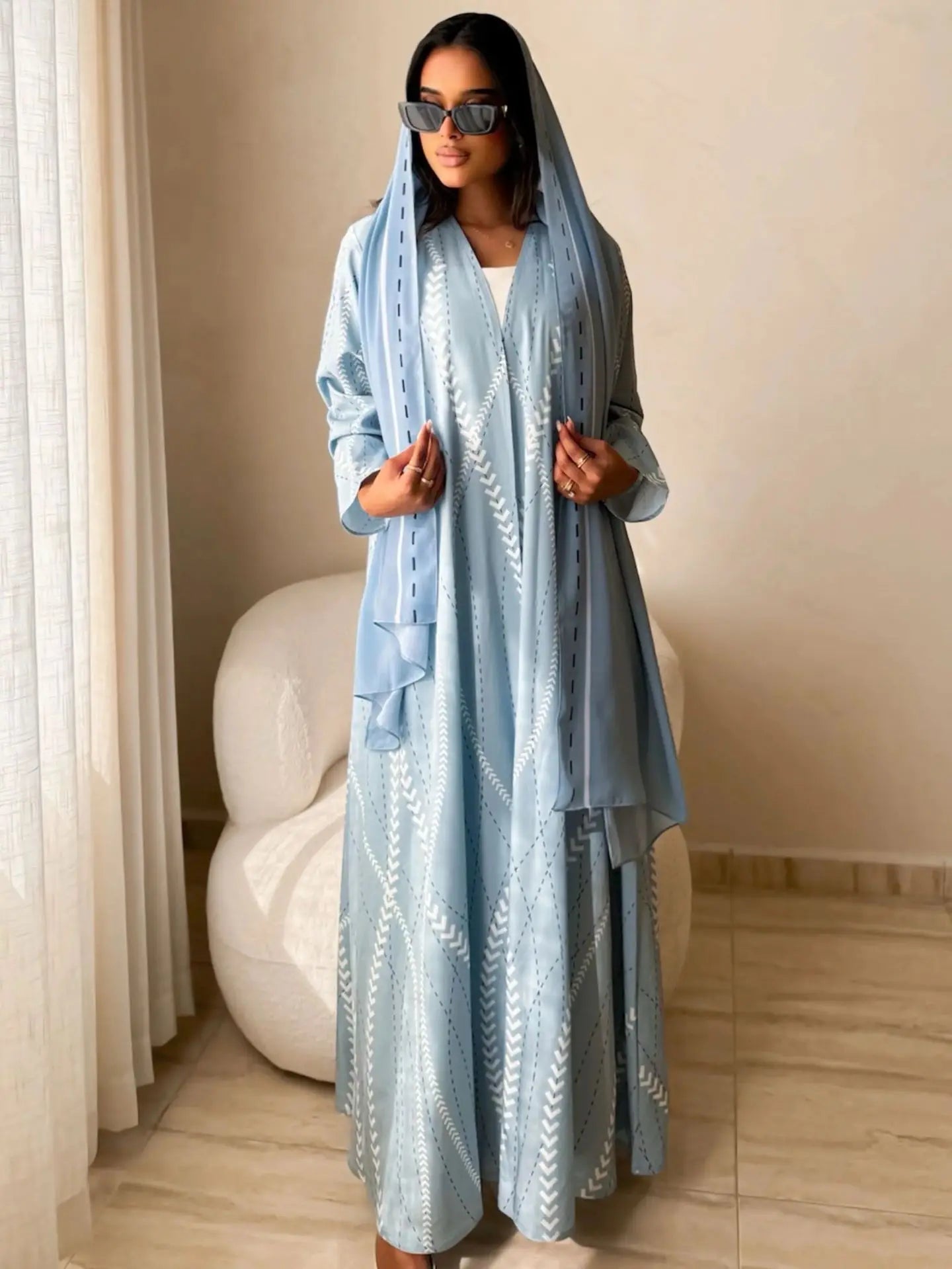 Eid Prin 2 Piece Kaftan Cardigan Abaya Hijab Set
