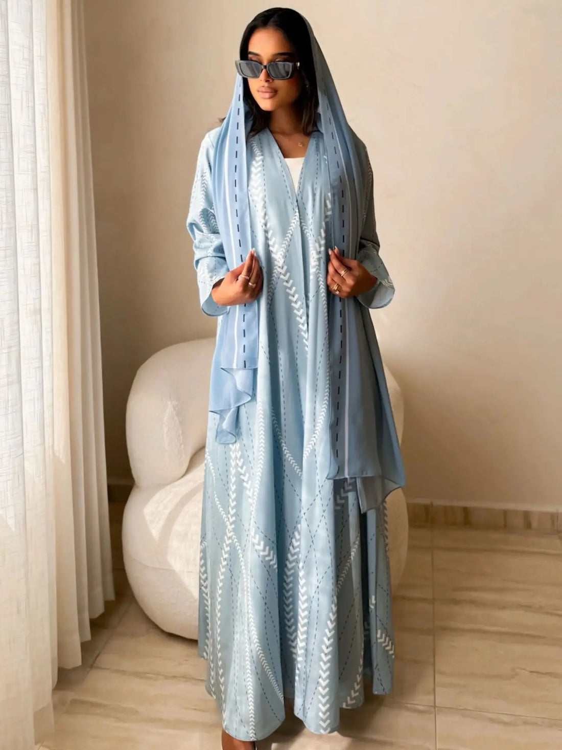 Eid Prin 2 Piece Kaftan Cardigan Abaya Hijab Set