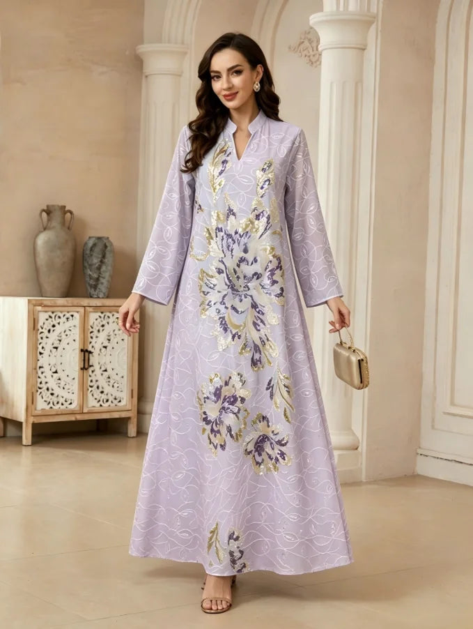 Bead Embroidered V-Neck Arabic Dress – Elegant Kaftan