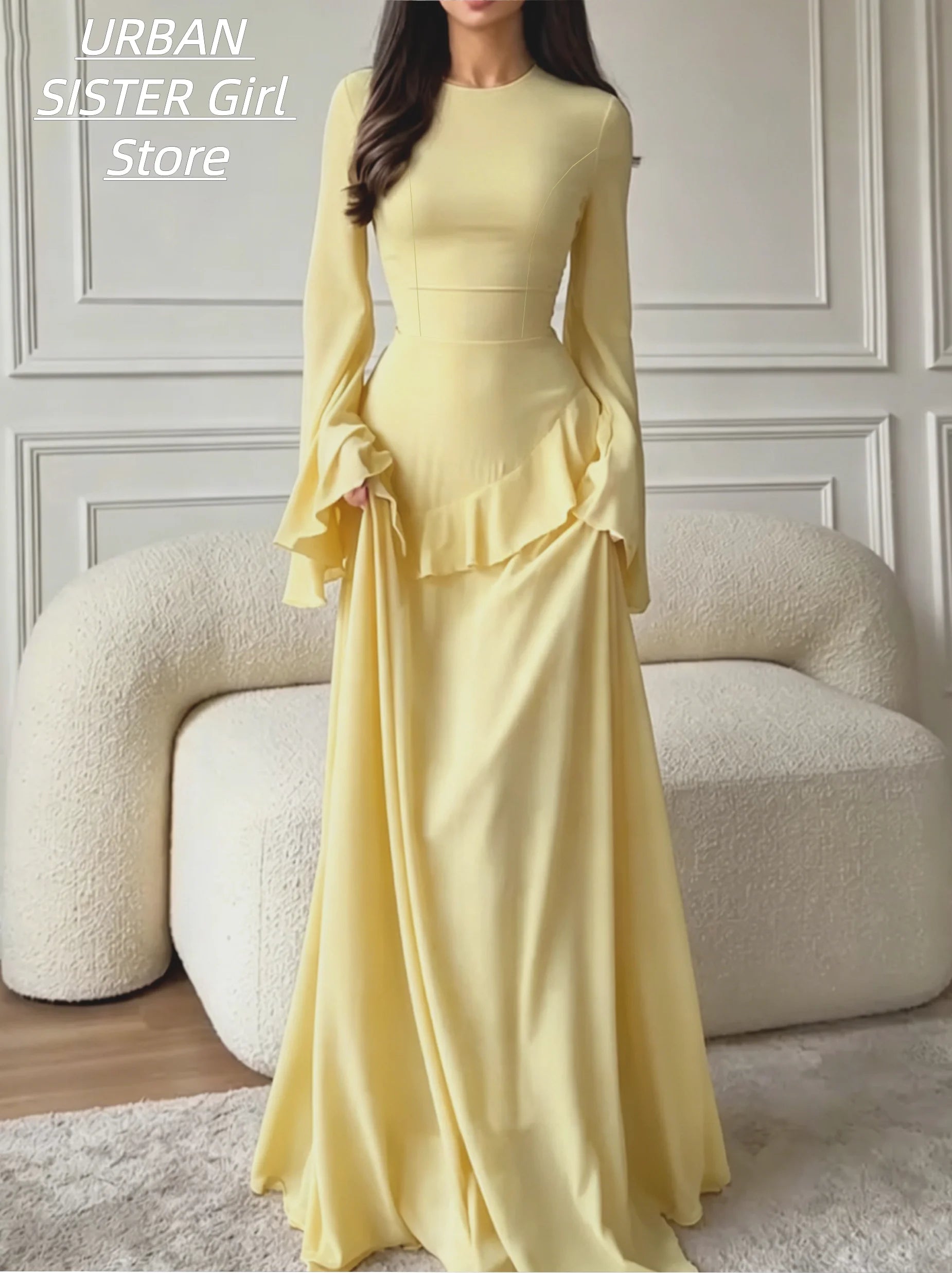 Cream-Colored Round-Neck Muslim Banquet Evening Gown