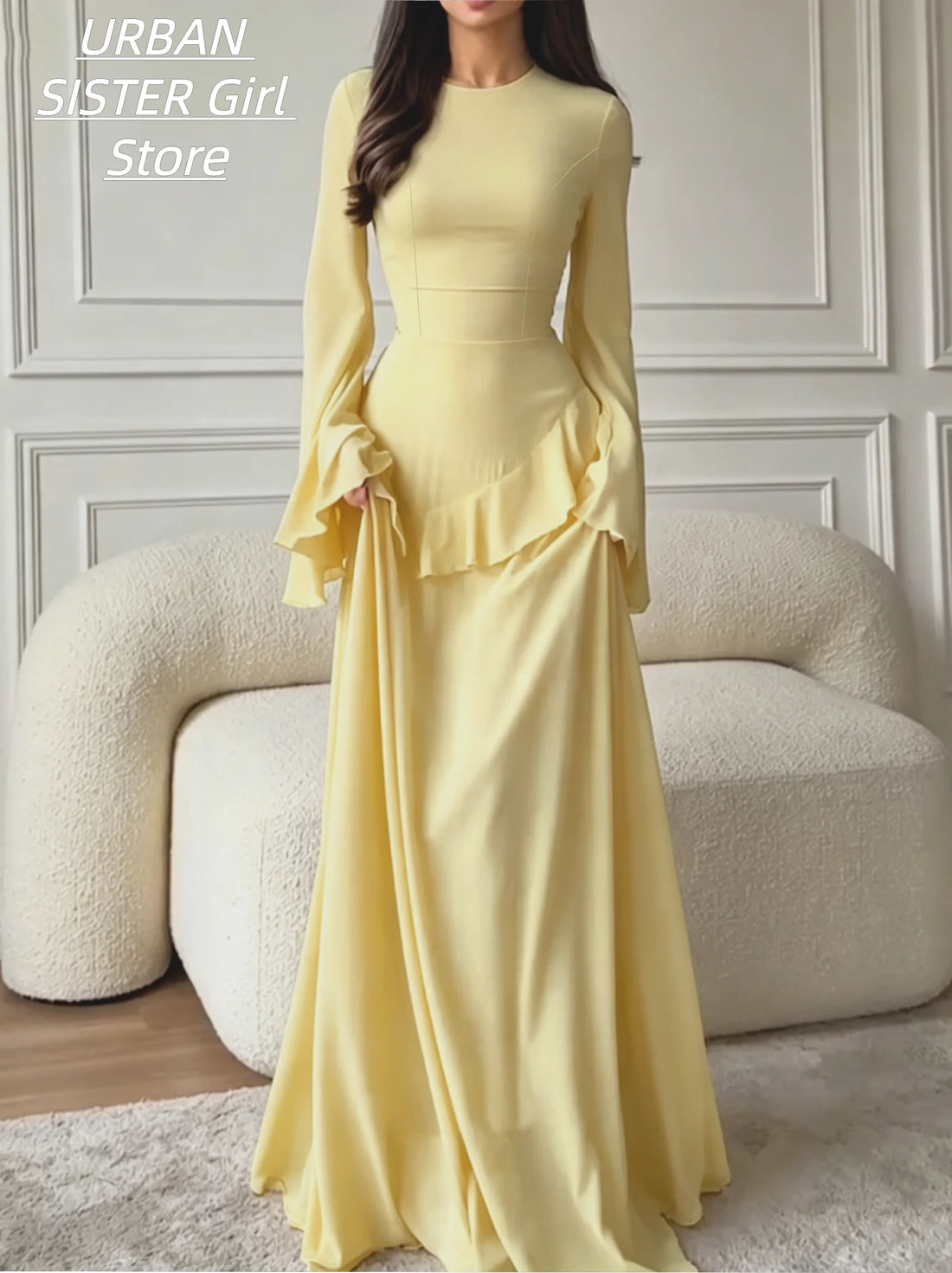 Cream-Colored Round-Neck Muslim Banquet Evening Gown