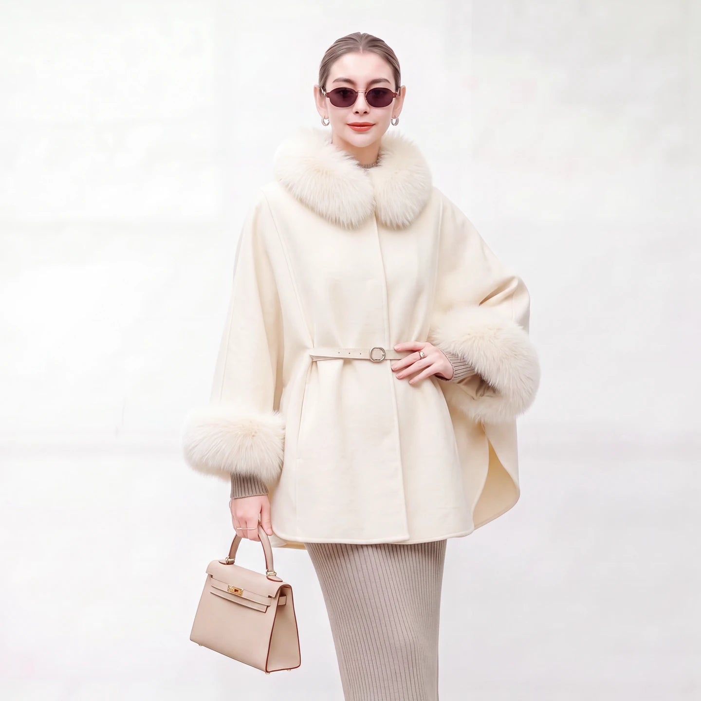New detachable fox fur collar cape 100 wool double-sided woolen coat