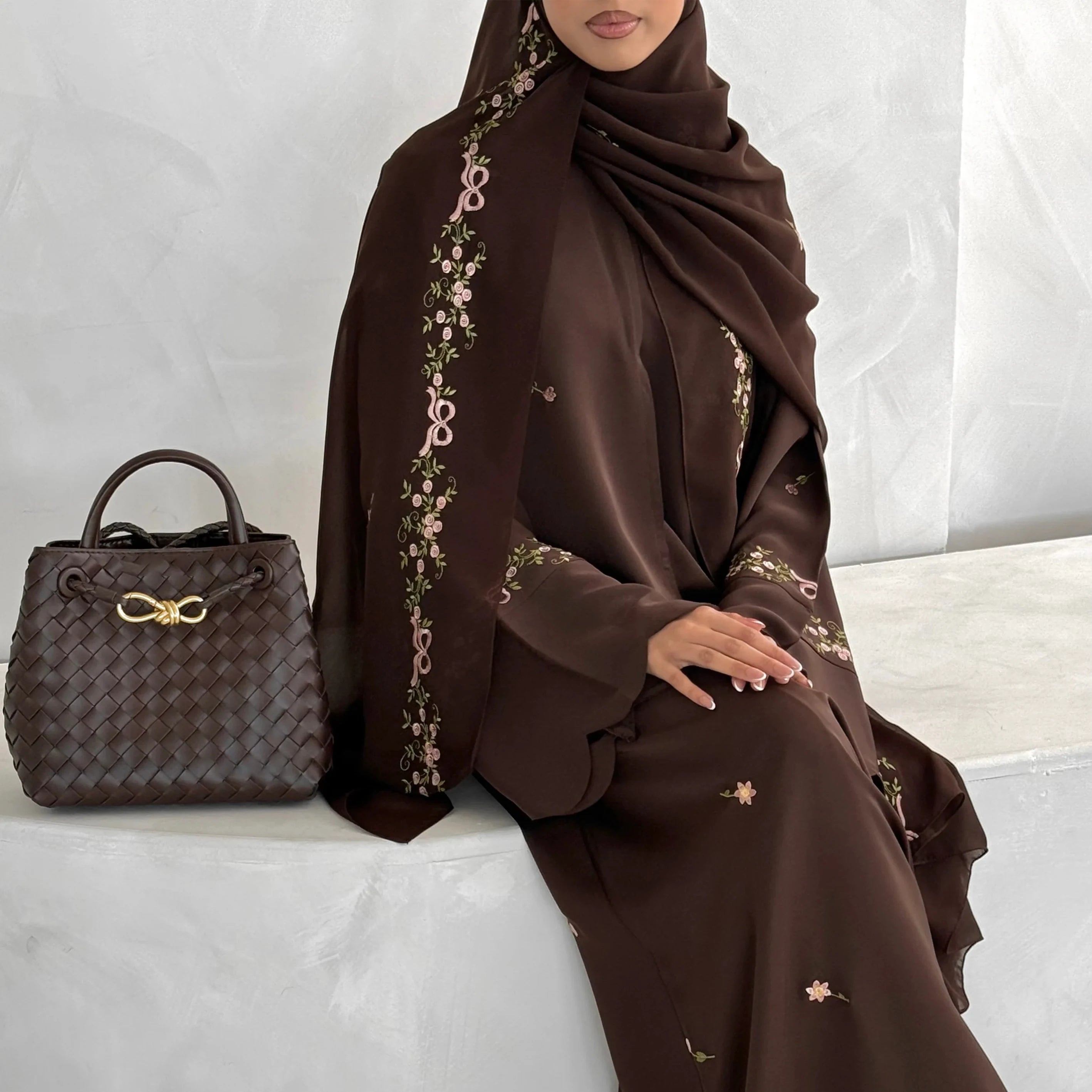 Luxurious Floral Embroidery Hijab Dress for Muslim Women