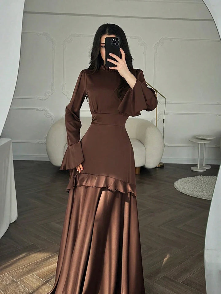 Fall 2026 New Arrivals: Women's Satin Fitted-Waist Bell-Sleeve Maxi Dress—