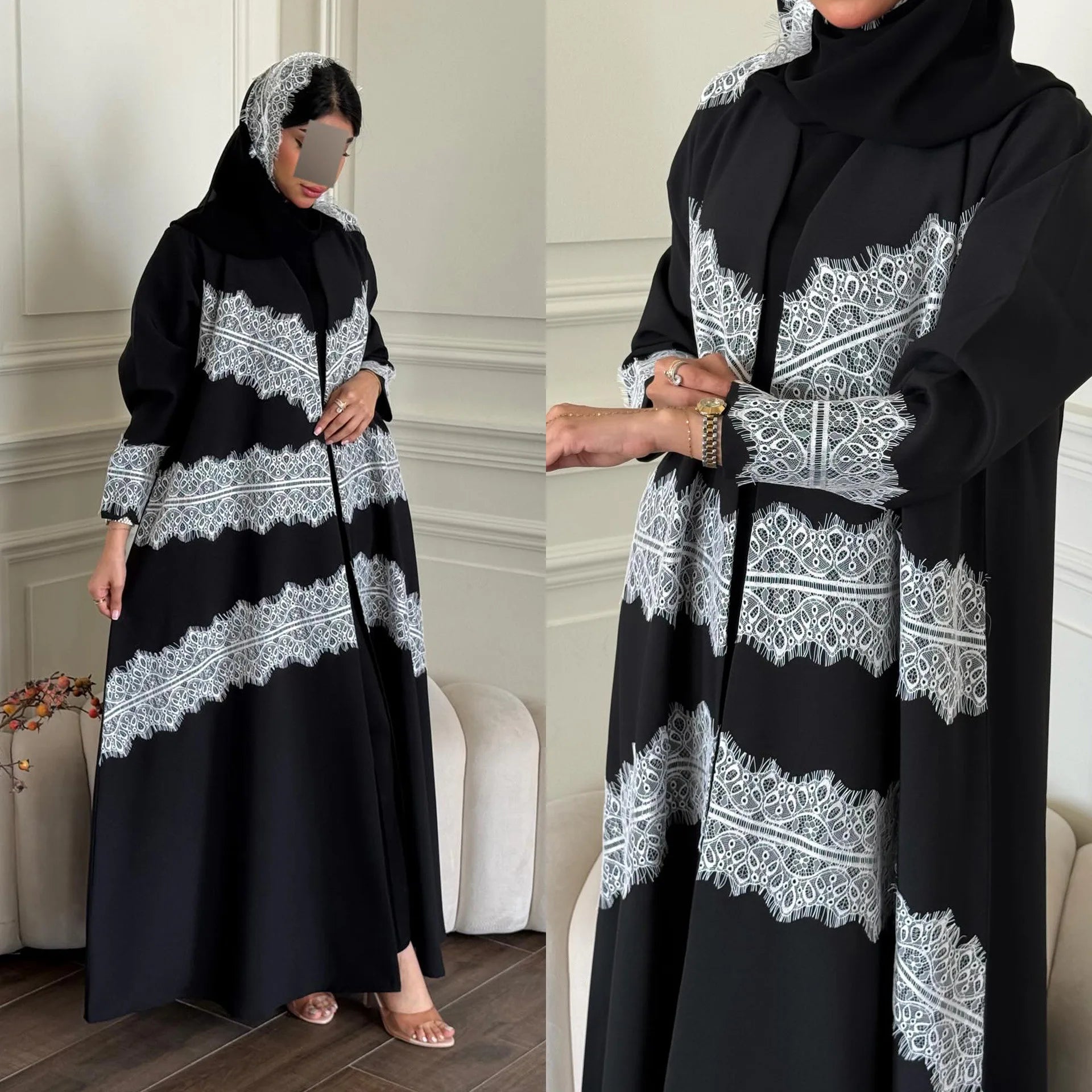 Eid Lace Open Abaya – Elegant Kaftan Party Dress