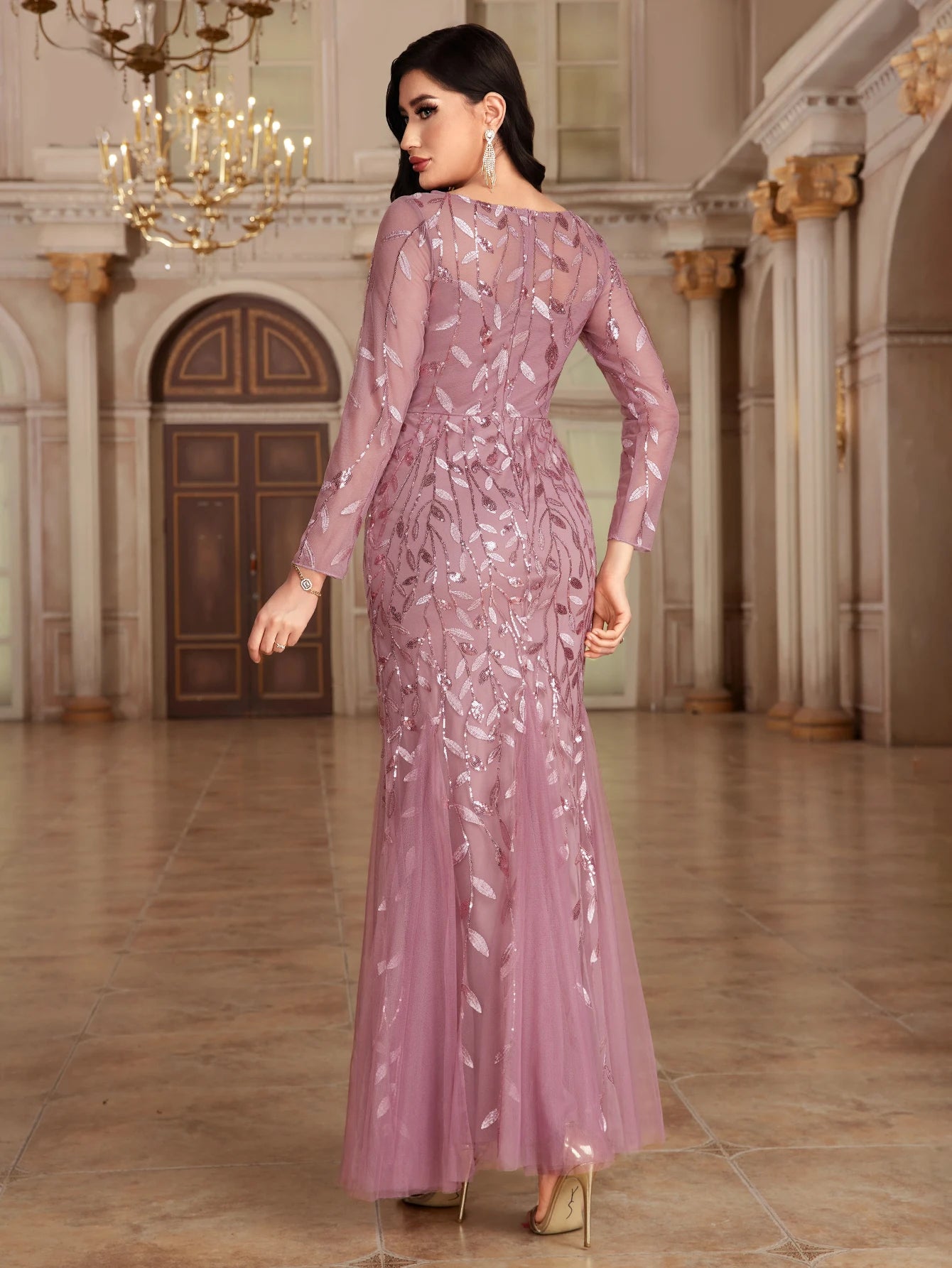 Elegant Mermaid Tulle Evening Gown – Long Sleeve Floral Embroidered Dress