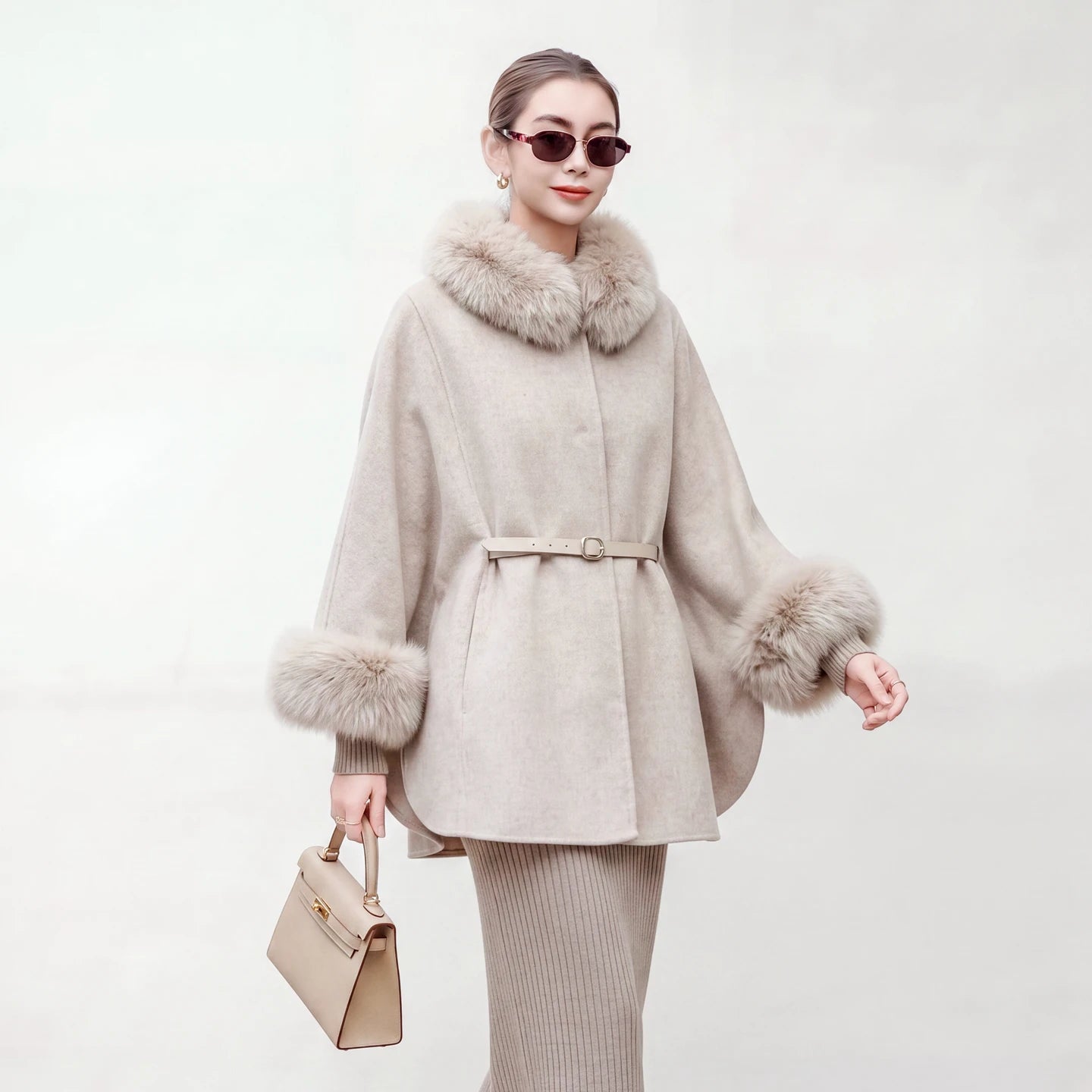 New detachable fox fur collar cape 100 wool double-sided woolen coat