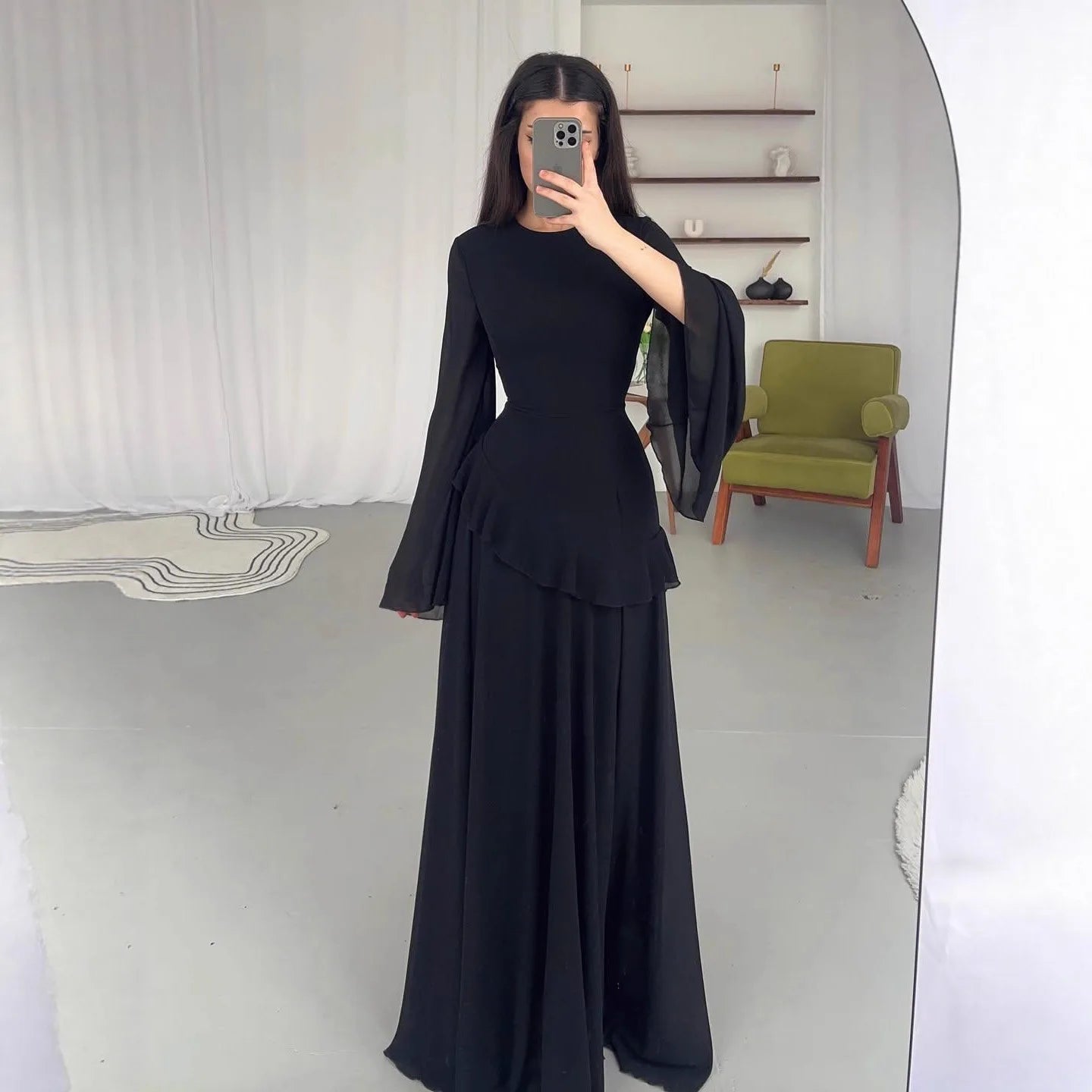Fashion Flare Sleeve Ruff Long Dress