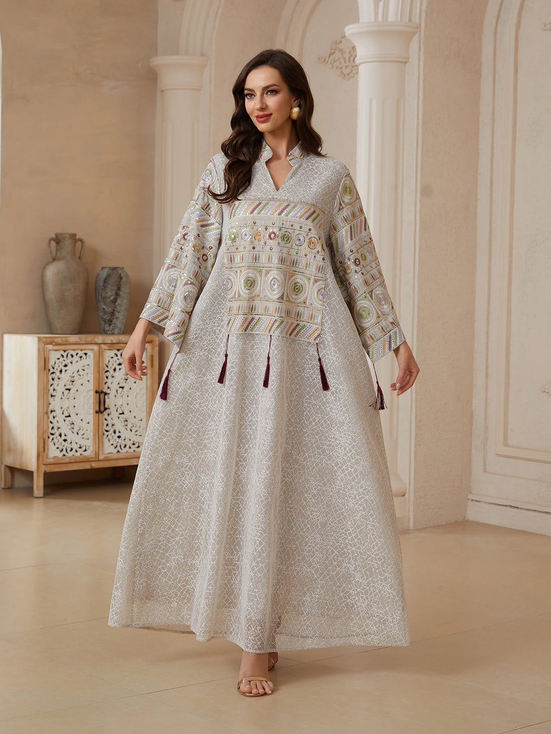 Mesh Sequin Embroidery Caftan – Stand Collar Elegant Dress