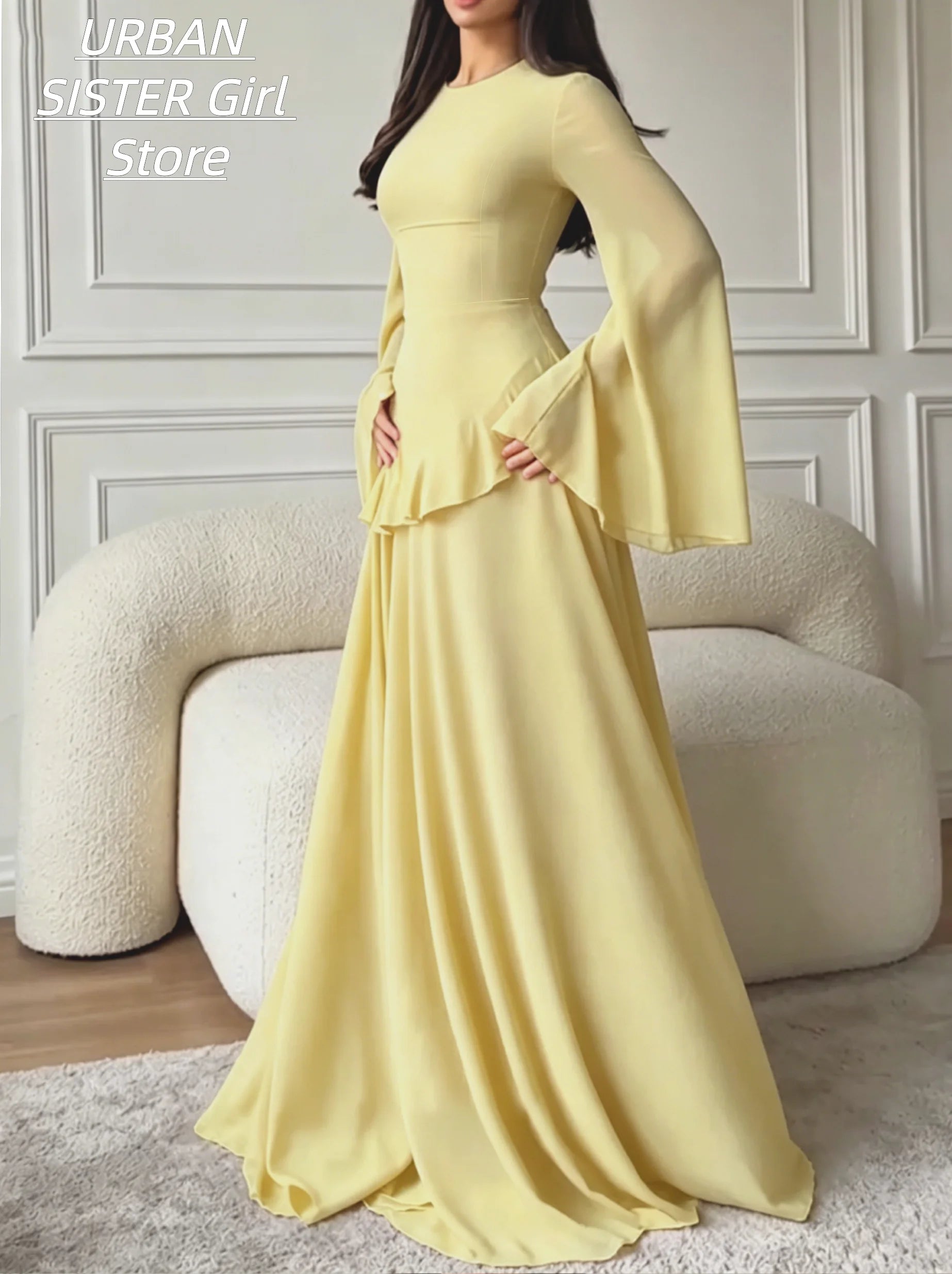 Cream-Colored Round-Neck Muslim Banquet Evening Gown