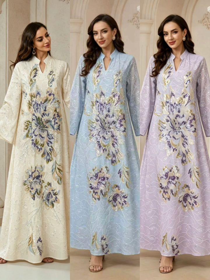 Bead Embroidered V-Neck Arabic Dress – Elegant Kaftan