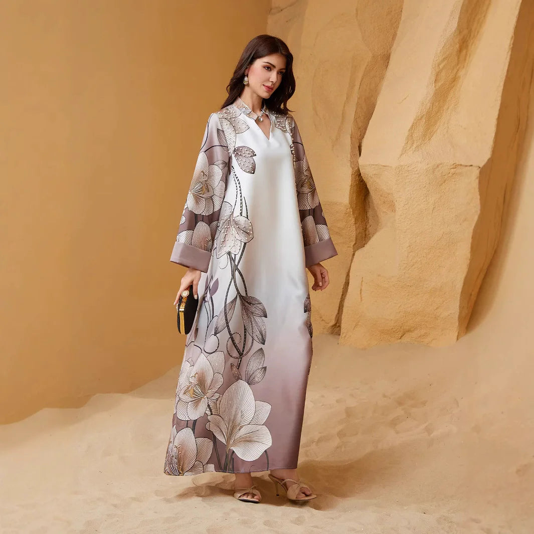 Saudi Luxury Nail Bead Diamond Robe – V-Neck Flip Sleeve Dress