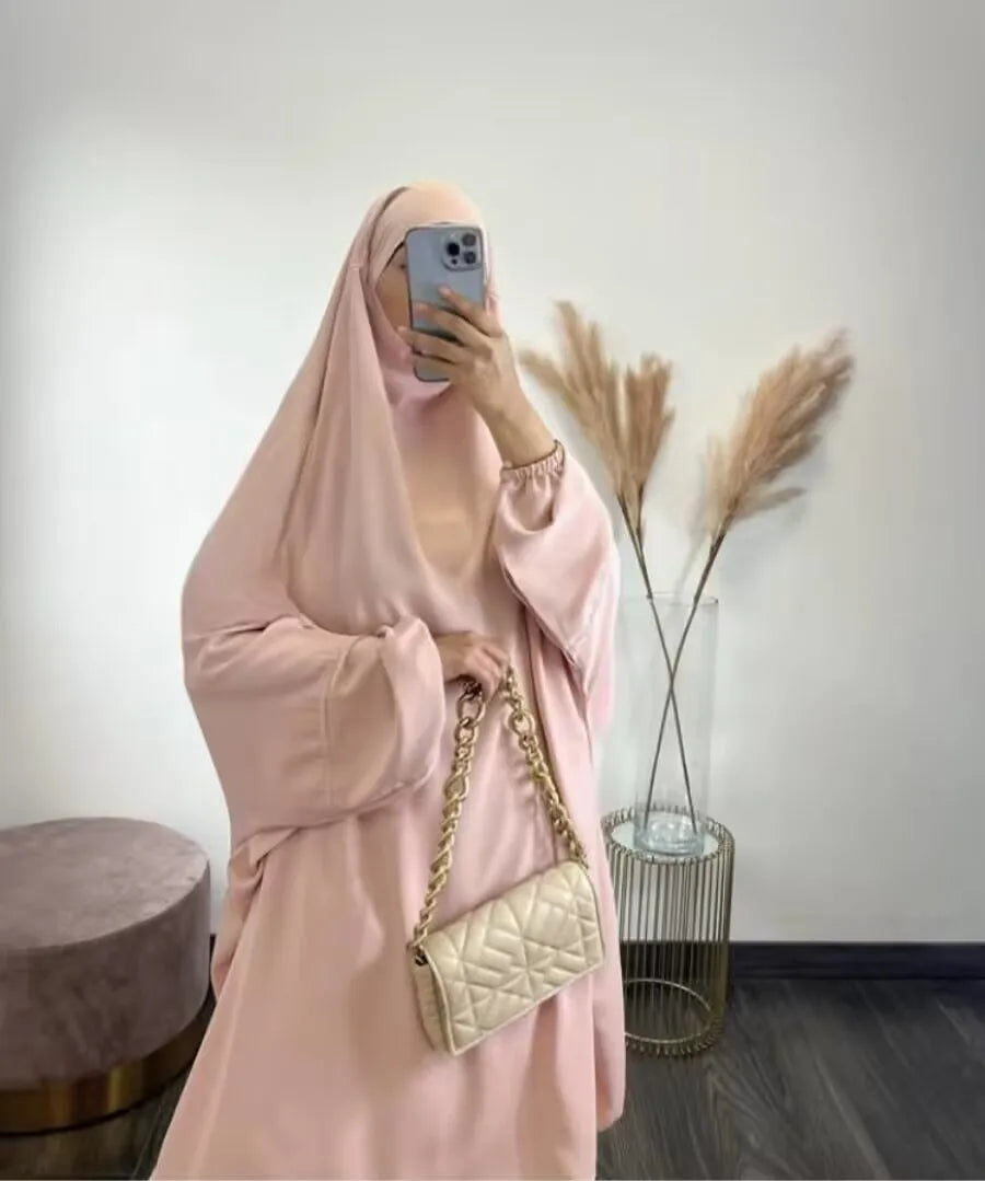 Ramadan 2 Piece Long Khimar with Skirt Set Abaya Muslim Women