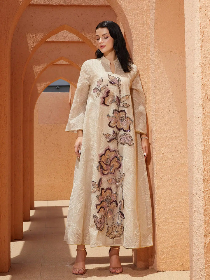Net Embroidered Caftan – Elegant V-Neck Long Dress
