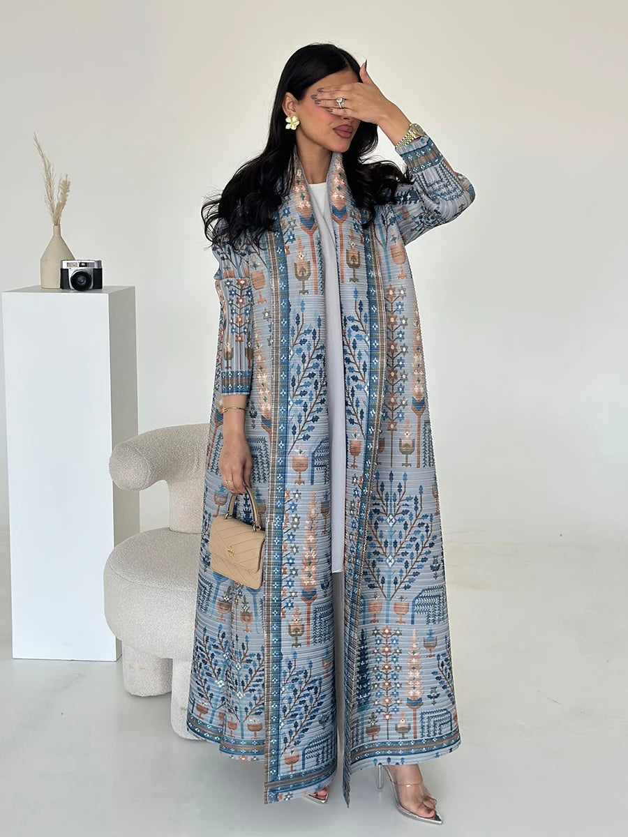 Miyake Pleated Abaya Coat – Vintage Print Designer Jacket