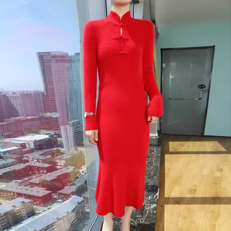 100% Mink Cashmere Knitted Thick Sweater Dress