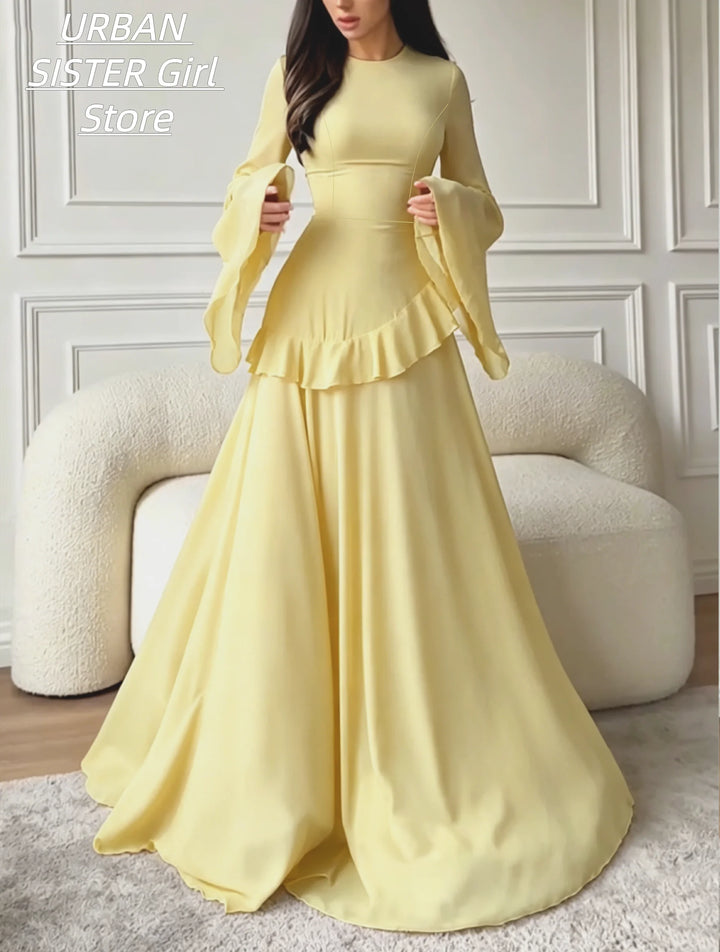 Cream-Colored Round-Neck Muslim Banquet Evening Gown