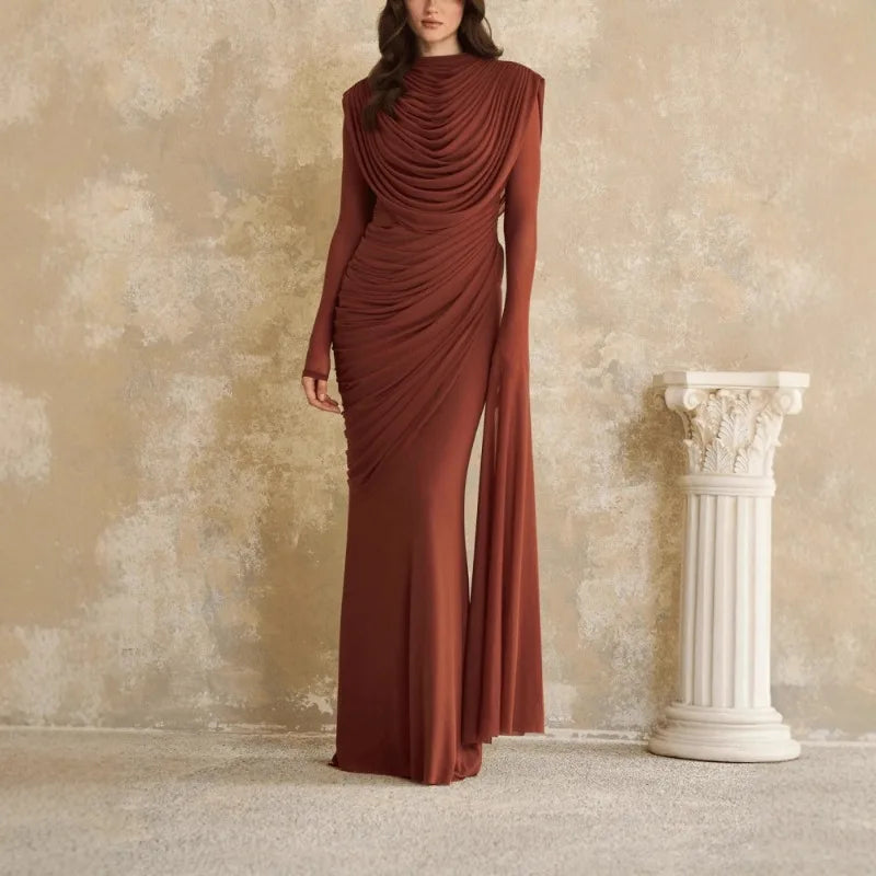 Solid Draped Neckline Long Dress