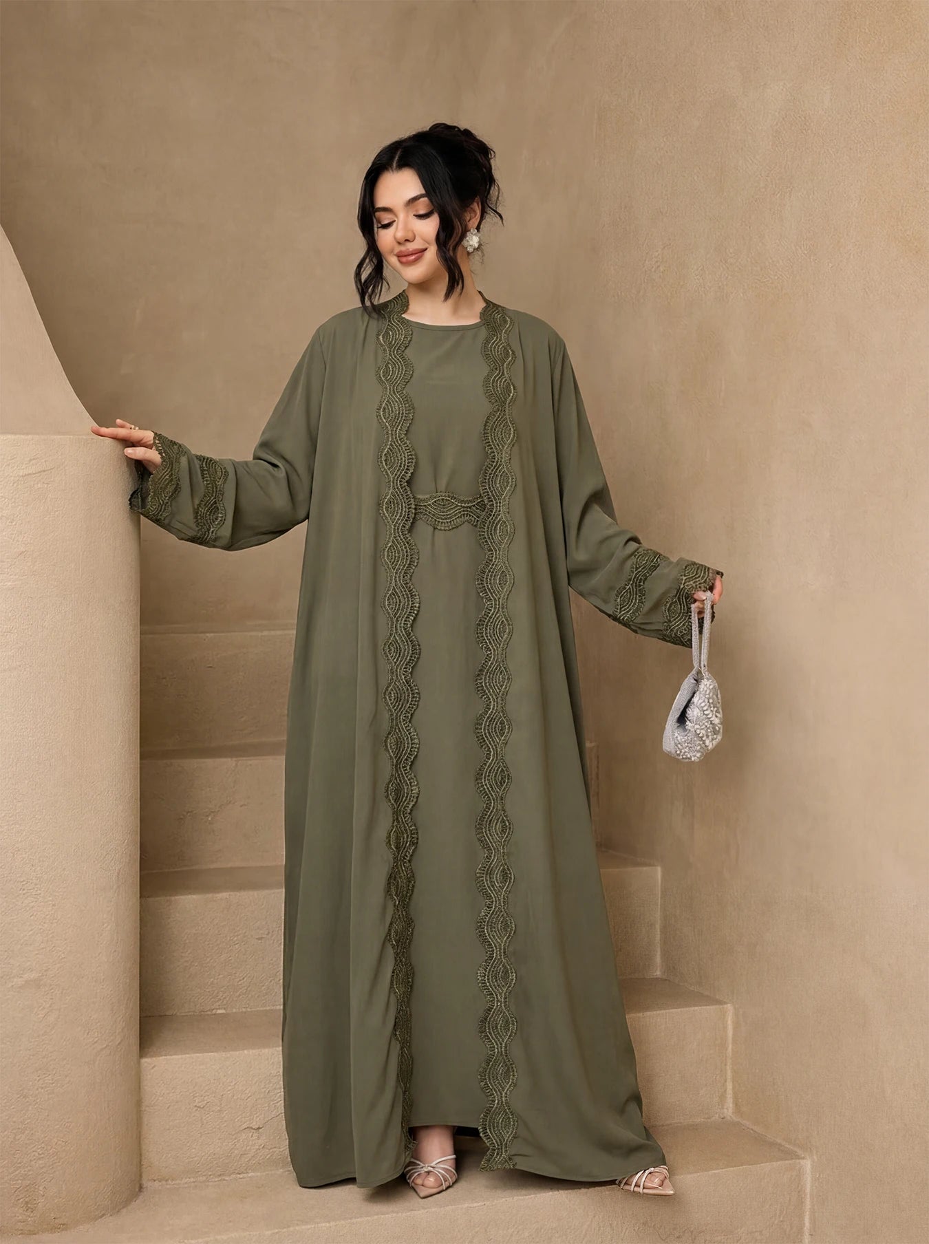 3-Piece Lace Trim Open Abaya Set – Modest Dress with Hijab & Belt