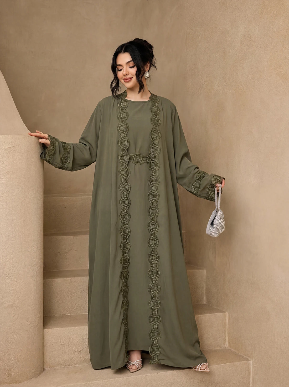 3-Piece Lace Trim Open Abaya Set – Modest Dress with Hijab & Belt