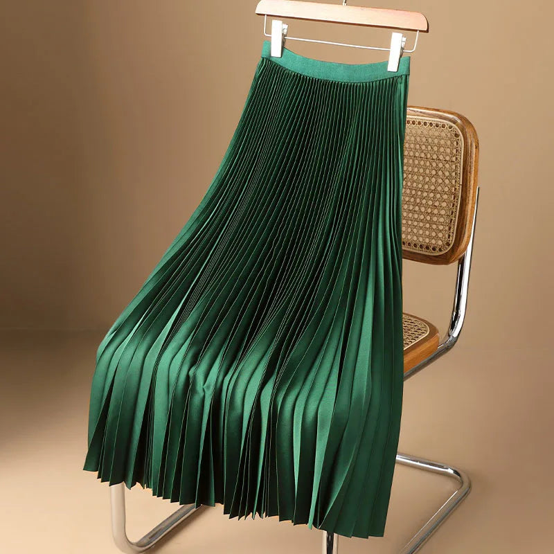 Women Vintage Midi Skirt Wide Elastic Waistband High Waist Pleated A-Line Skirt